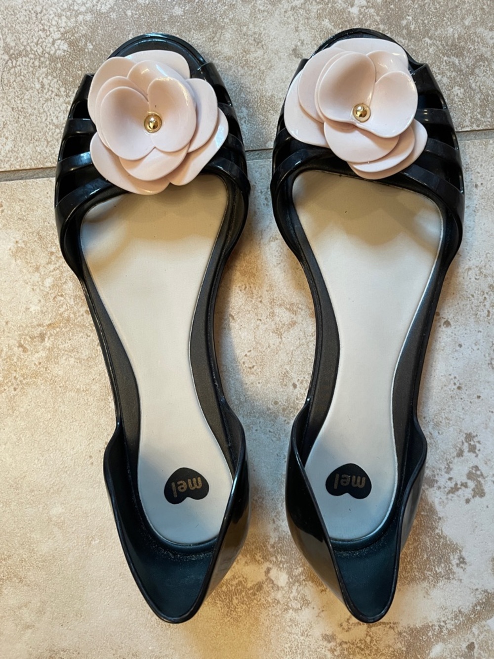 Melissa Black Flats with Cream and Gold Floral Accent